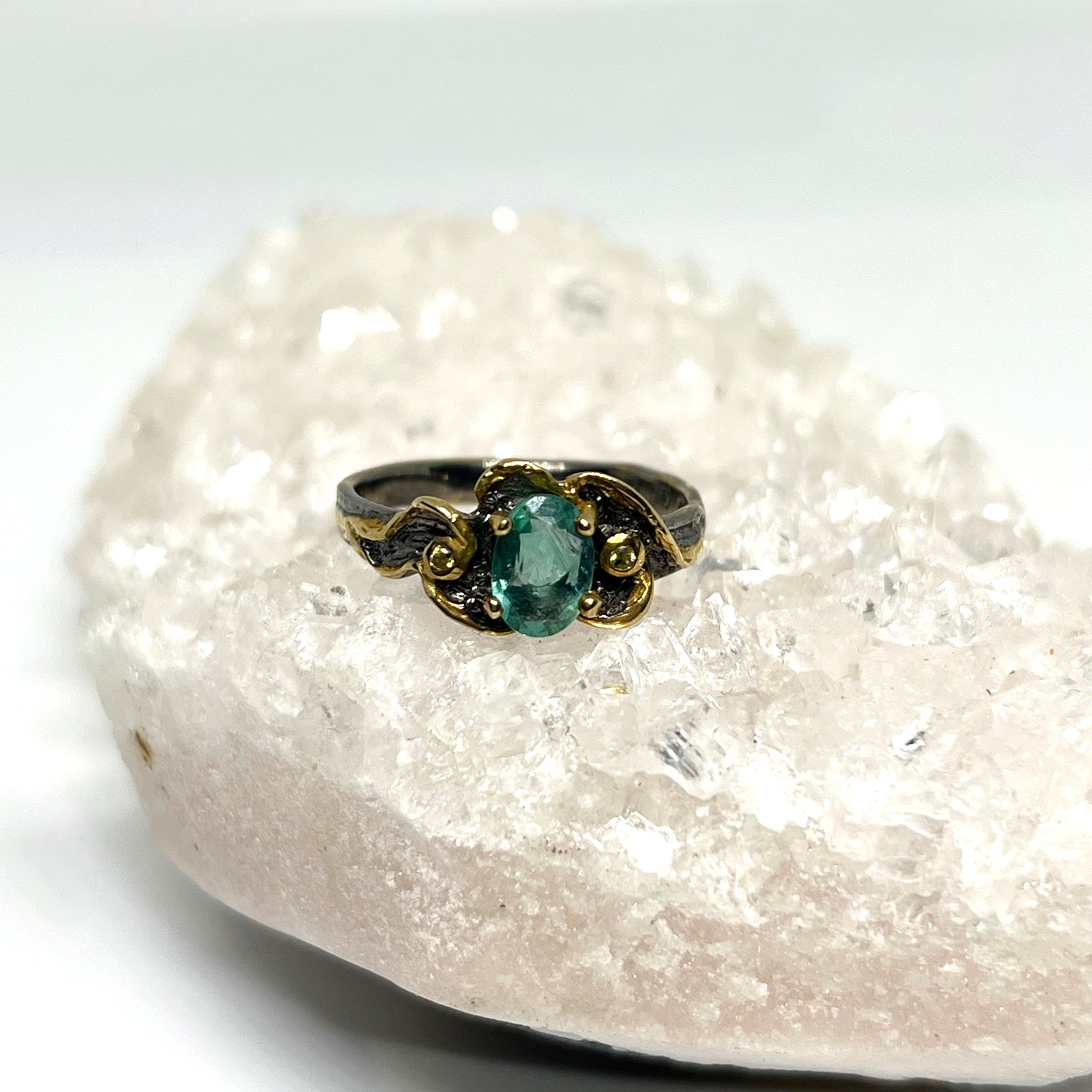 Emerald 925 silver with 18ct gold plate ring Size 8 GRA-01
