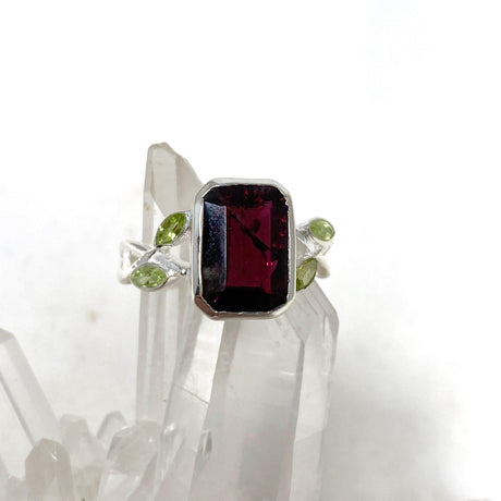 Garnet Faceted Rectangular Multistone Ring with Botanical Details R3806 - Nature's Magick