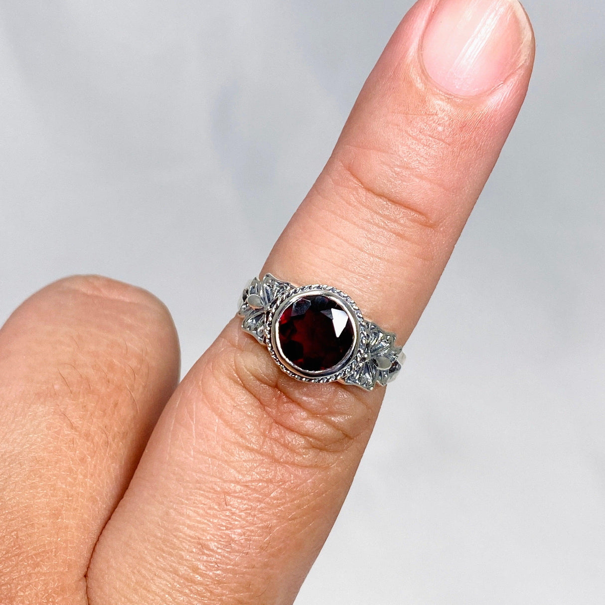 Garnet Faceted Round Ring in a Decorative Setting R3671 - Nature's Magick
