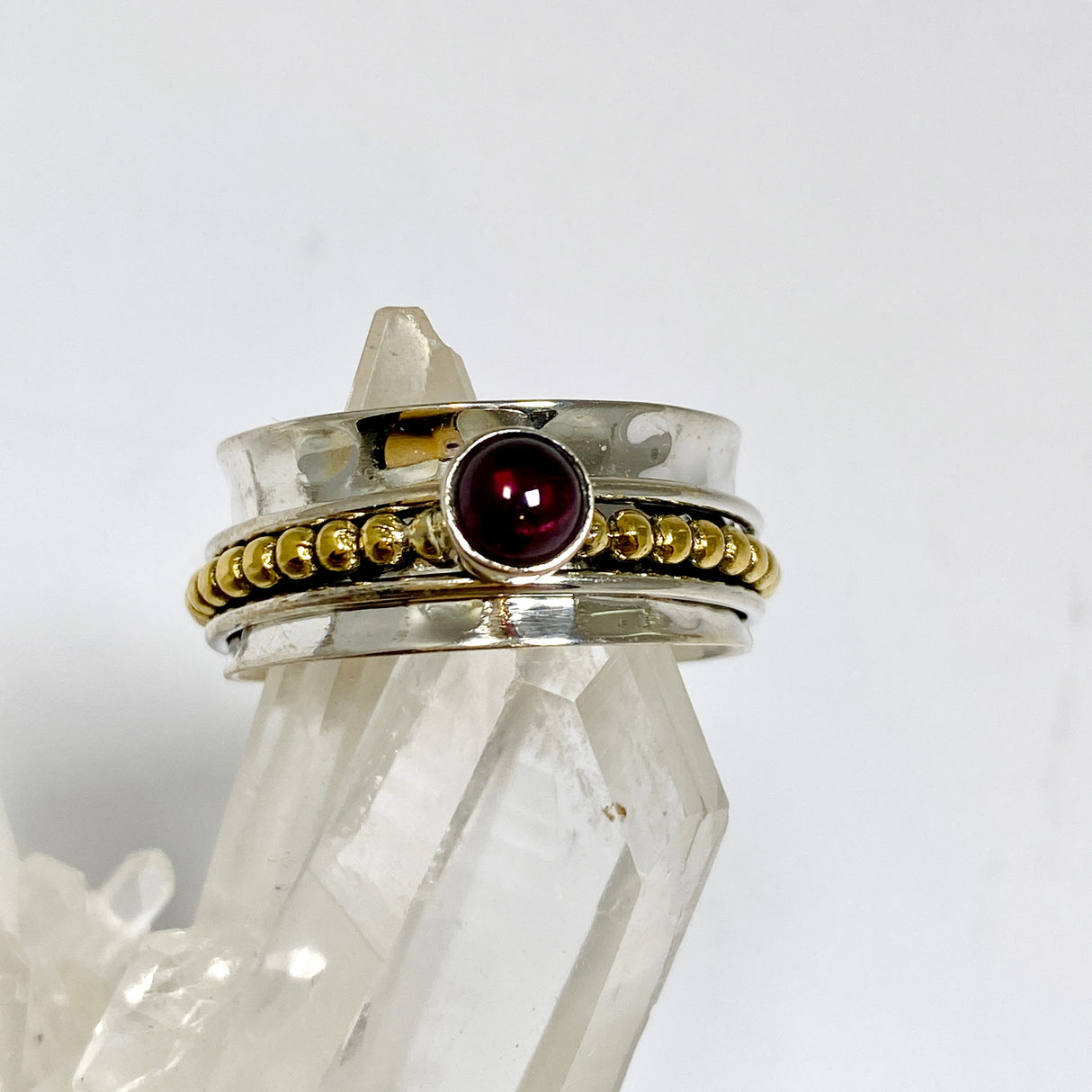 Garnet Round Cabochon Sterling Silver, Brass and Copper Spinner Ring RG1054GT
