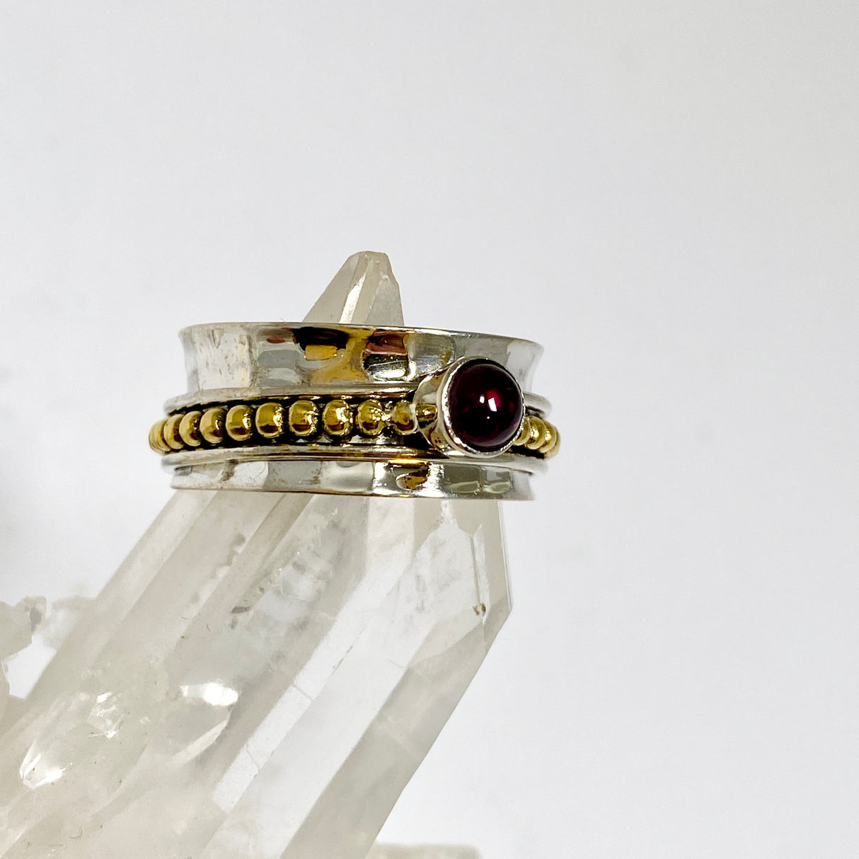 Garnet Round Cabochon Sterling Silver, Brass and Copper Spinner Ring RG1054GT