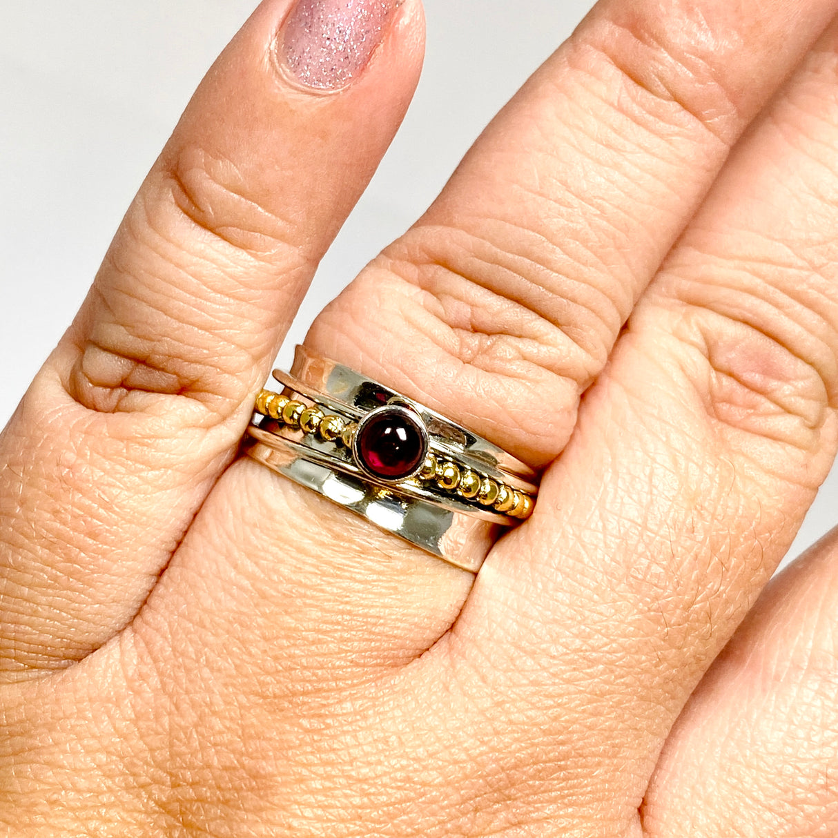 Garnet Round Cabochon Sterling Silver, Brass and Copper Spinner Ring RG1054GT