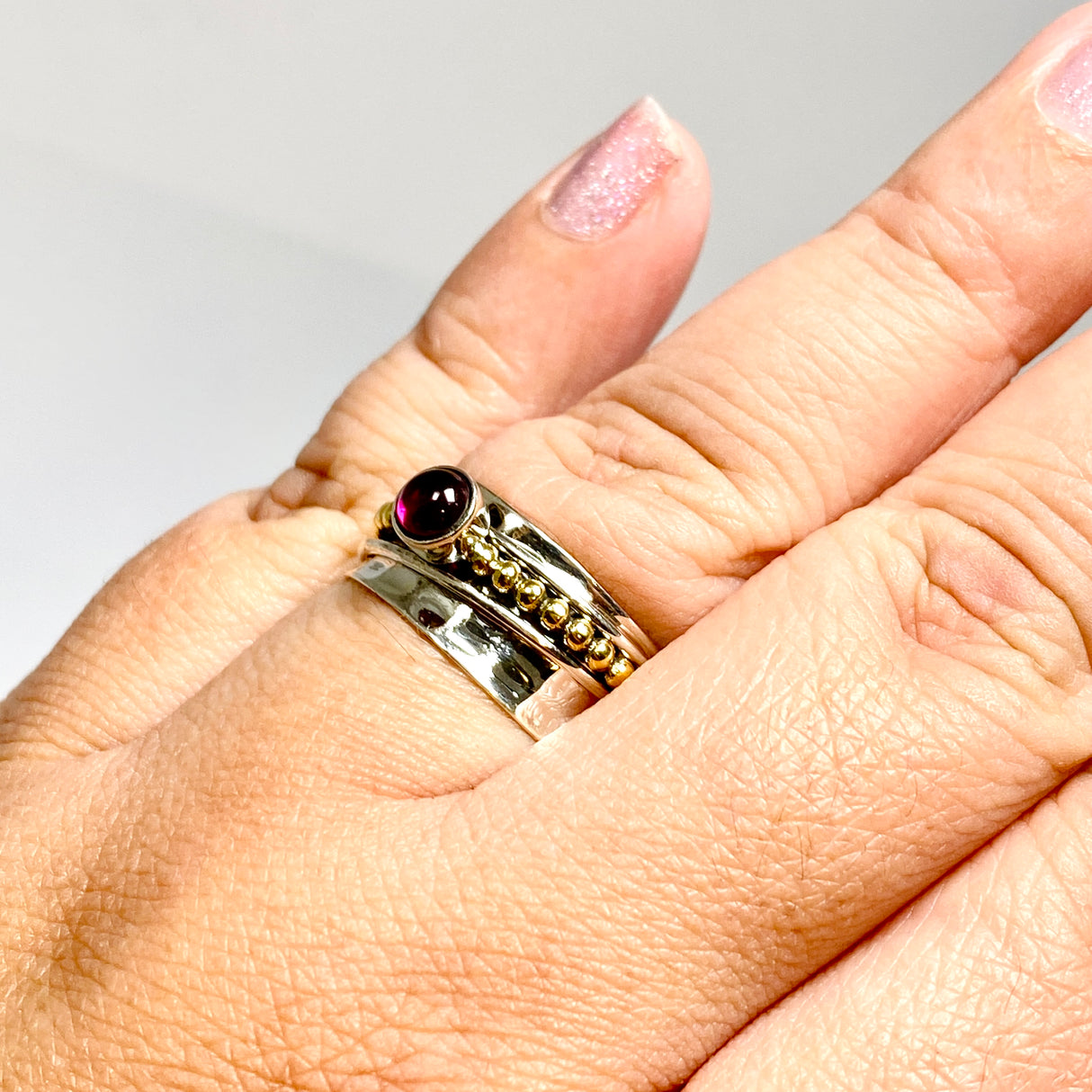 Garnet Round Cabochon Sterling Silver, Brass and Copper Spinner Ring RG1054GT