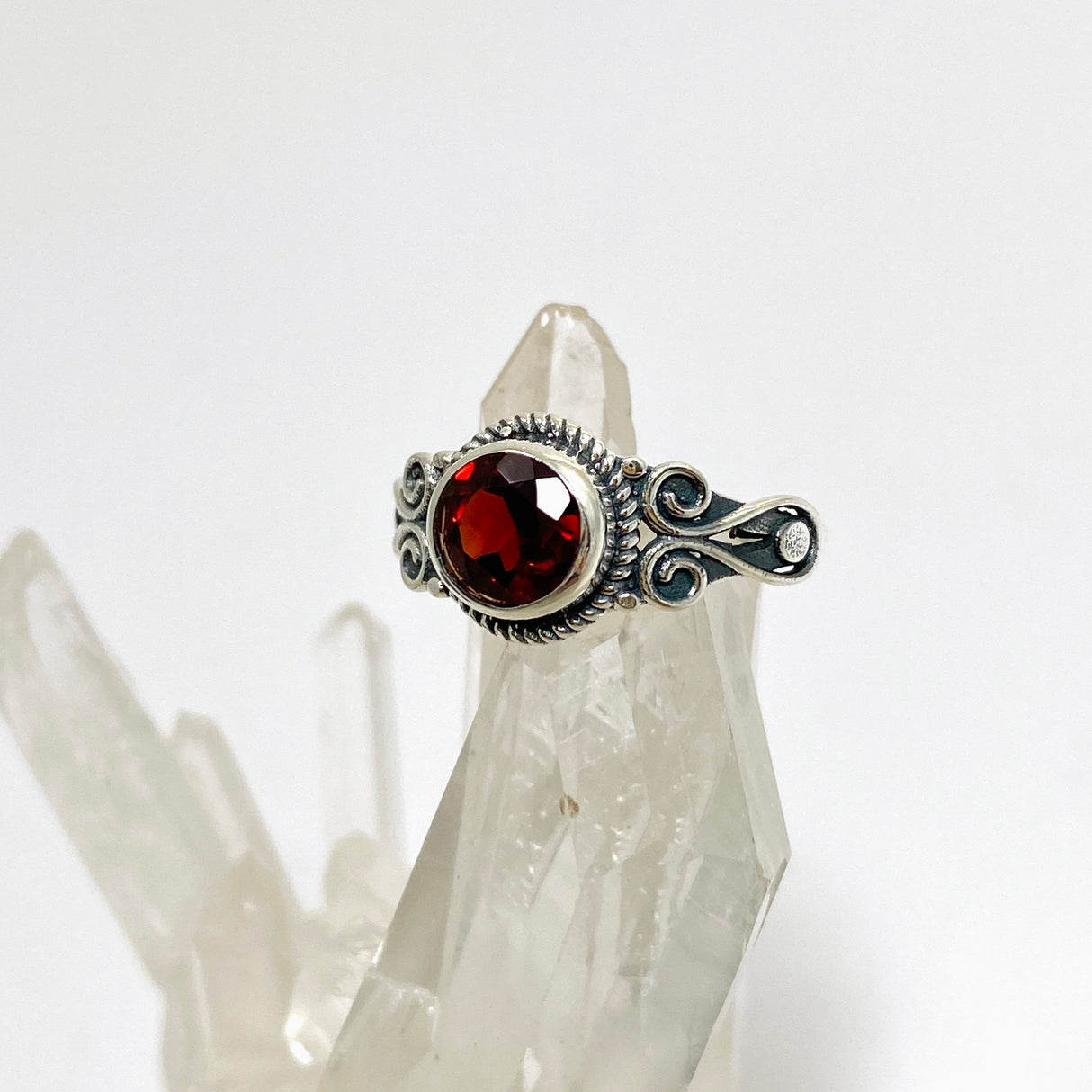 Garnet Round Faceted Ring in a Decorative Setting R4170