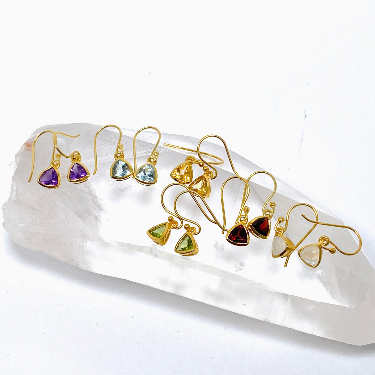 Gemstone Trillion Faceted 1 micron Gold Plated Channel Set Drop Earrings PEGJ367