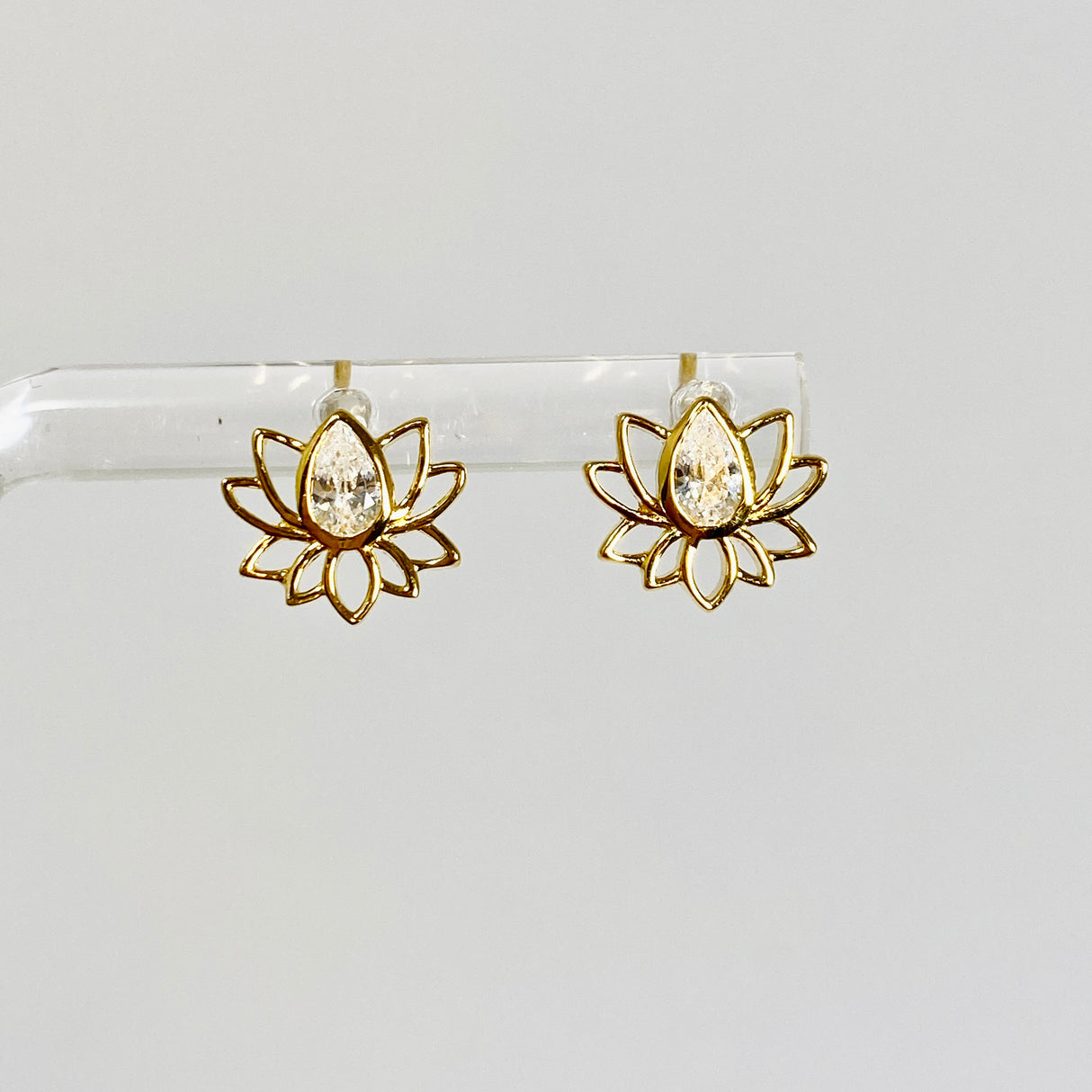 Gold Plated Lotus Flower Stud Earrings with Teardrop Faceted Cubic Zirconia SE266-YG