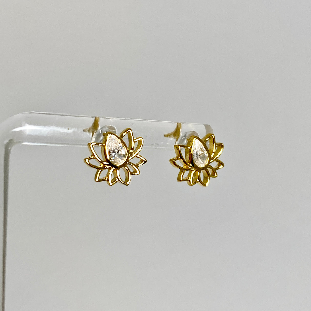 Gold Plated Lotus Flower Stud Earrings with Teardrop Faceted Cubic Zirconia SE266-YG