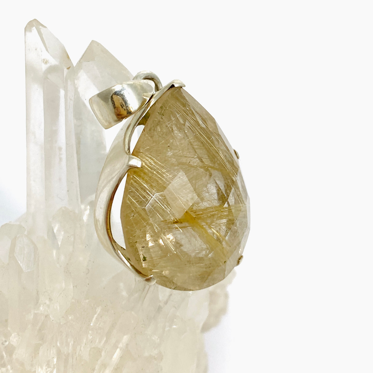 Golden Rutile Quartz Teardrop Checkerboard Faceted Pendant PPGJ891