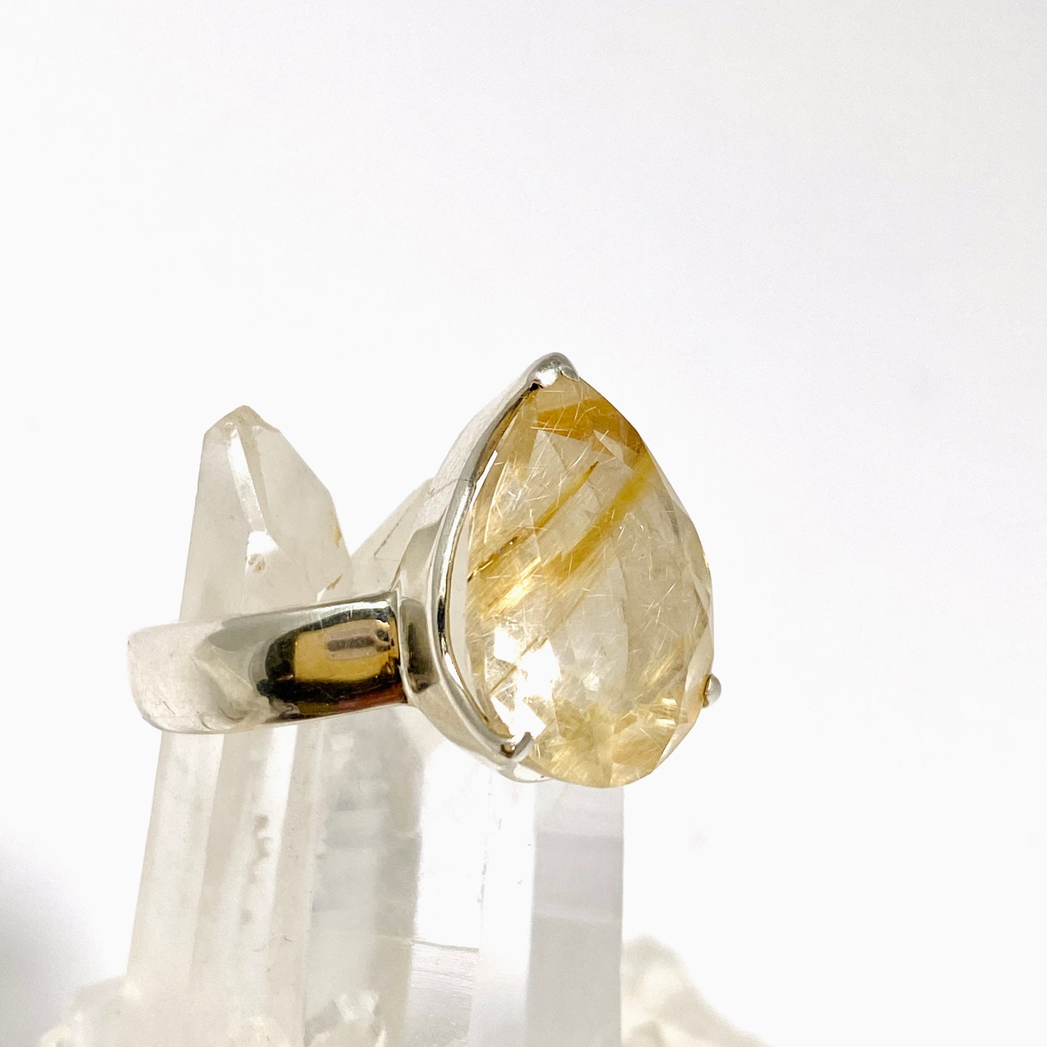 Golden Rutile Quartz Teardrop Faceted Ring Size 9.5 PRGJ1005
