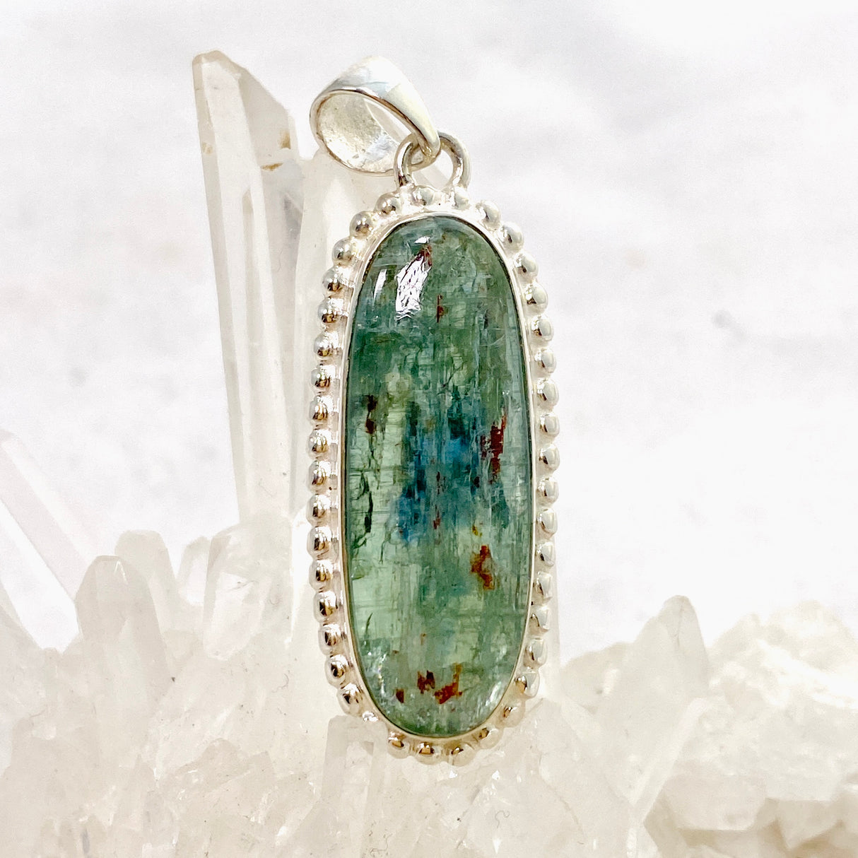 Green Kyanite Oval Cabochon Pendant in a Decorative Setting KPGJ4632