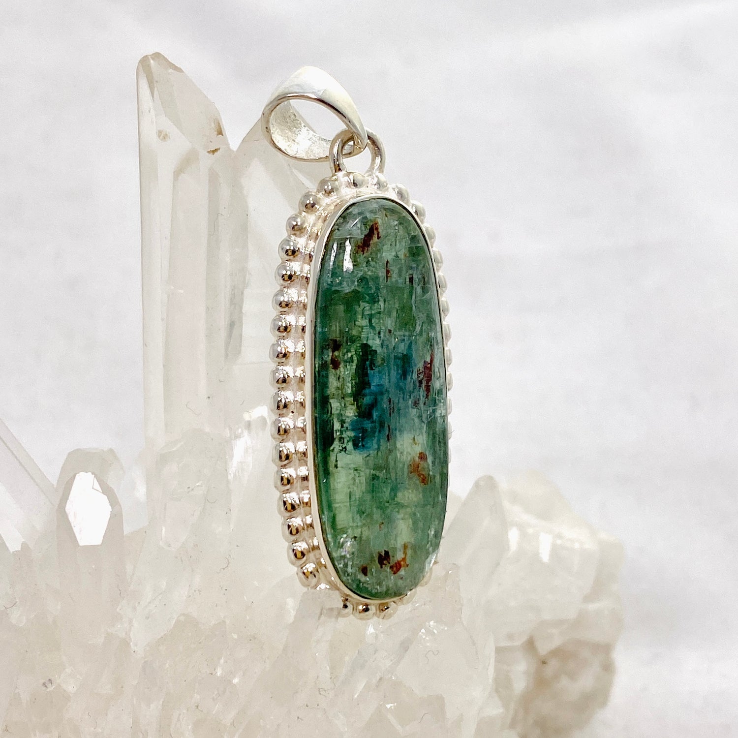 Green Kyanite Oval Cabochon Pendant in a Decorative Setting KPGJ4632