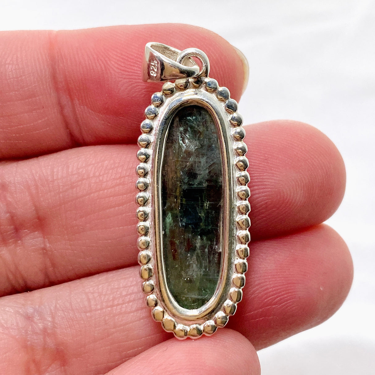 Green Kyanite Oval Cabochon Pendant in a Decorative Setting KPGJ4632