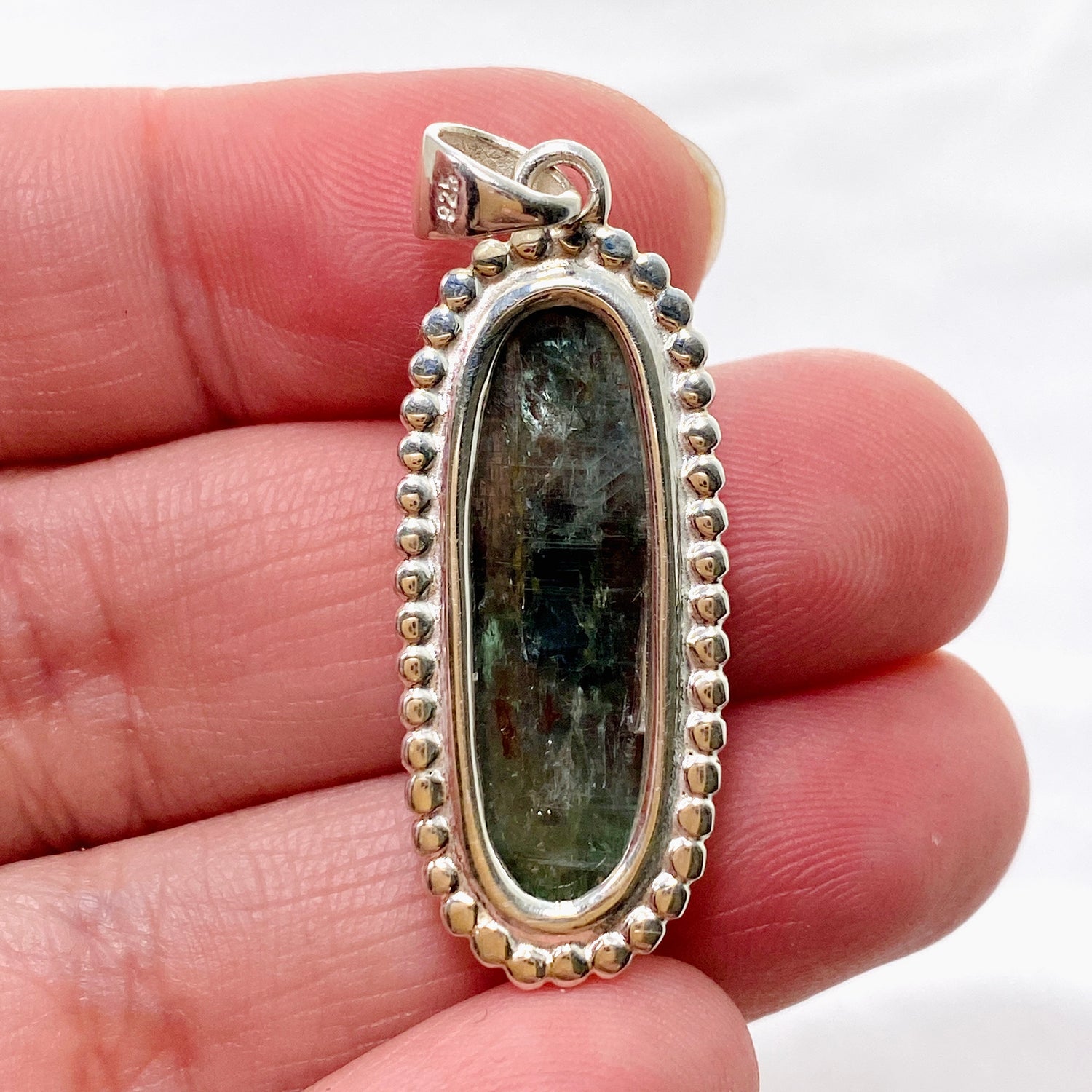 Green Kyanite Oval Cabochon Pendant in a Decorative Setting KPGJ4632
