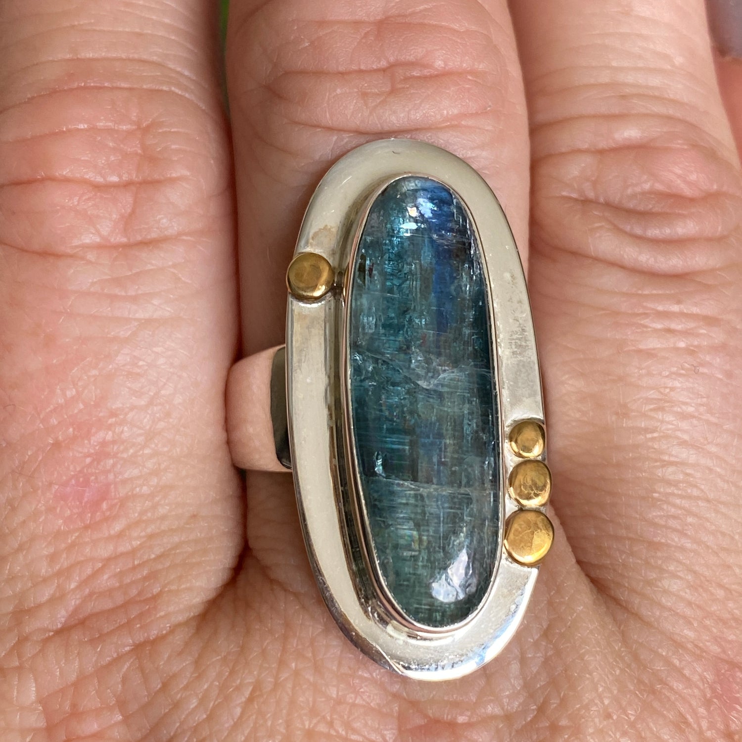 Green Kyanite Oval Cabochon Ring with Brass Detailing Size 9.5 KRGJ3292
