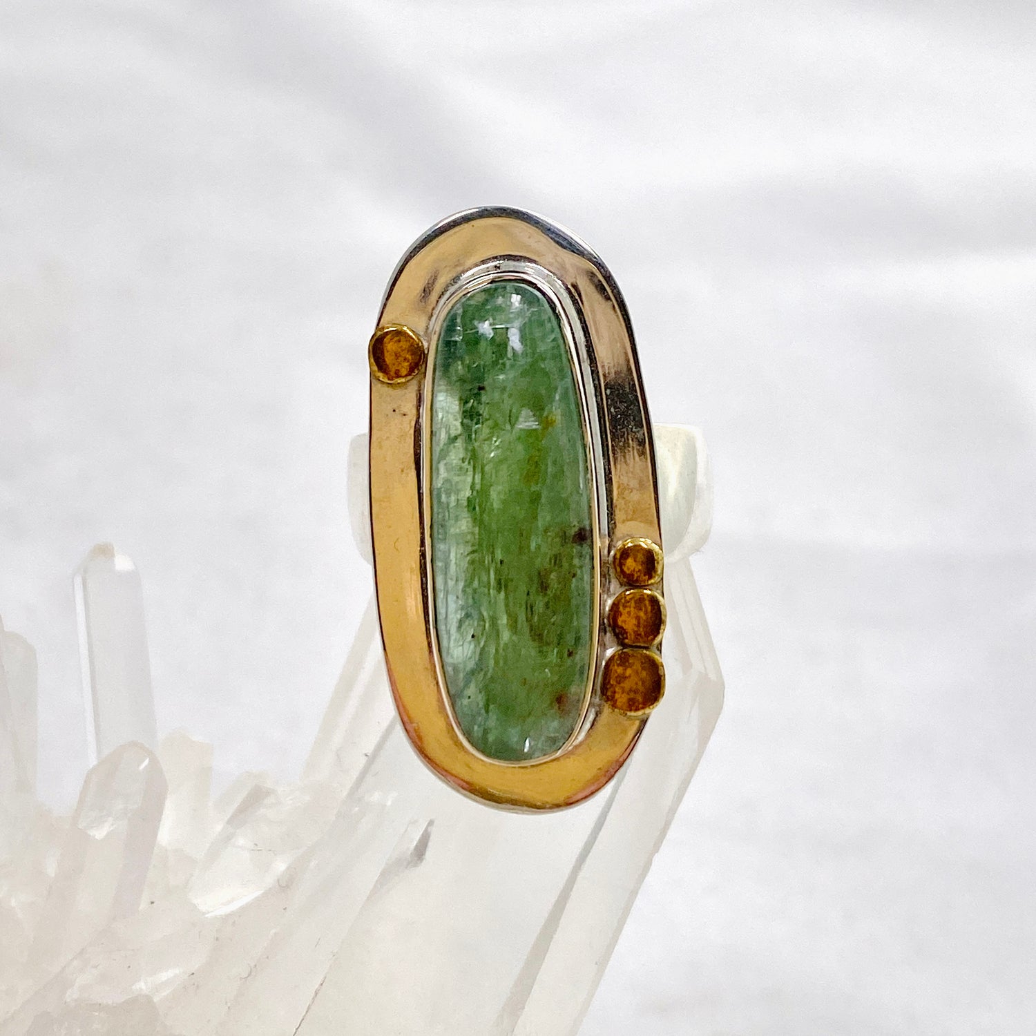 Green Kyanite Oval Cabochon Ring with Brass Detailing Size 8 KRGJ3291