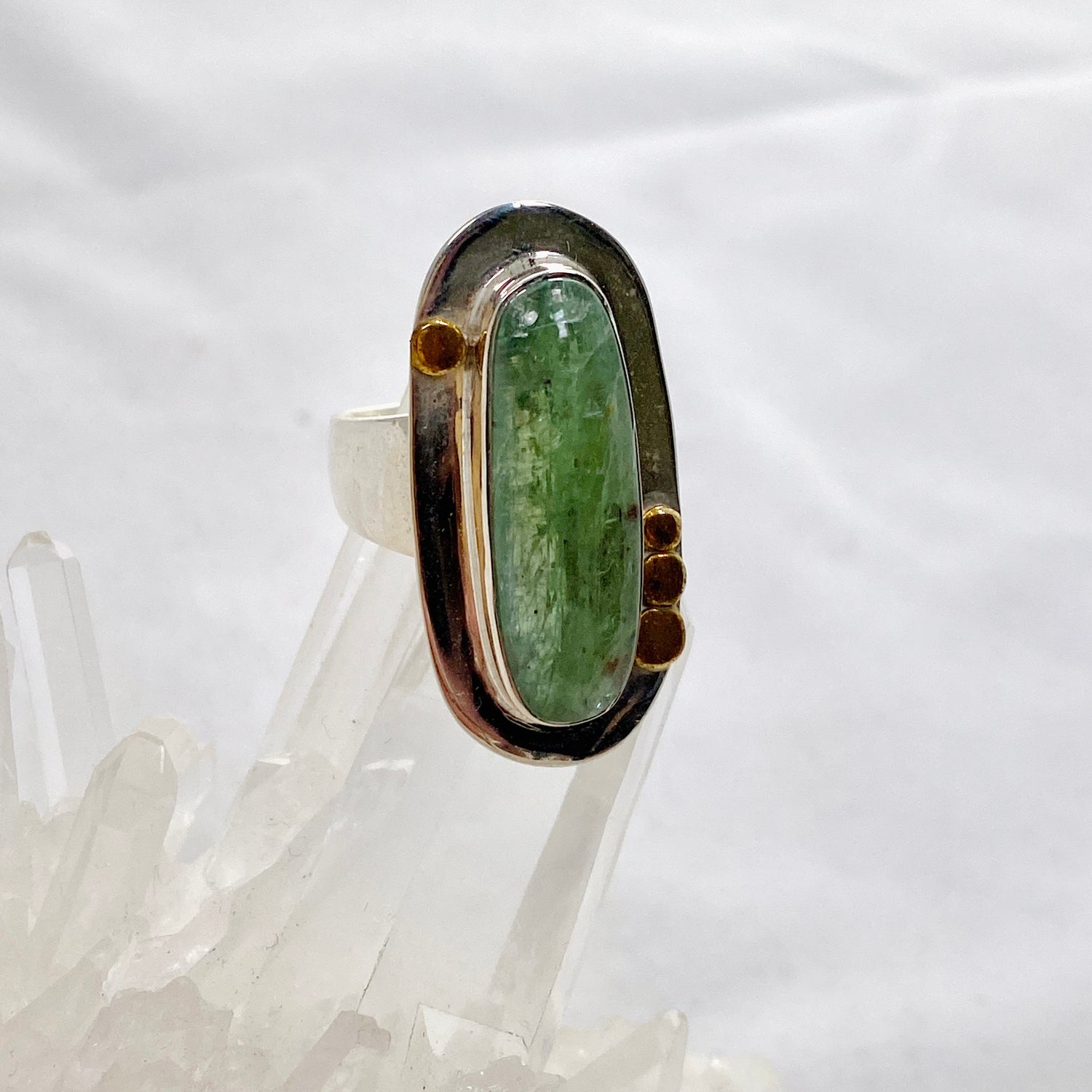 Green Kyanite Oval Cabochon Ring with Brass Detailing Size 8 KRGJ3291