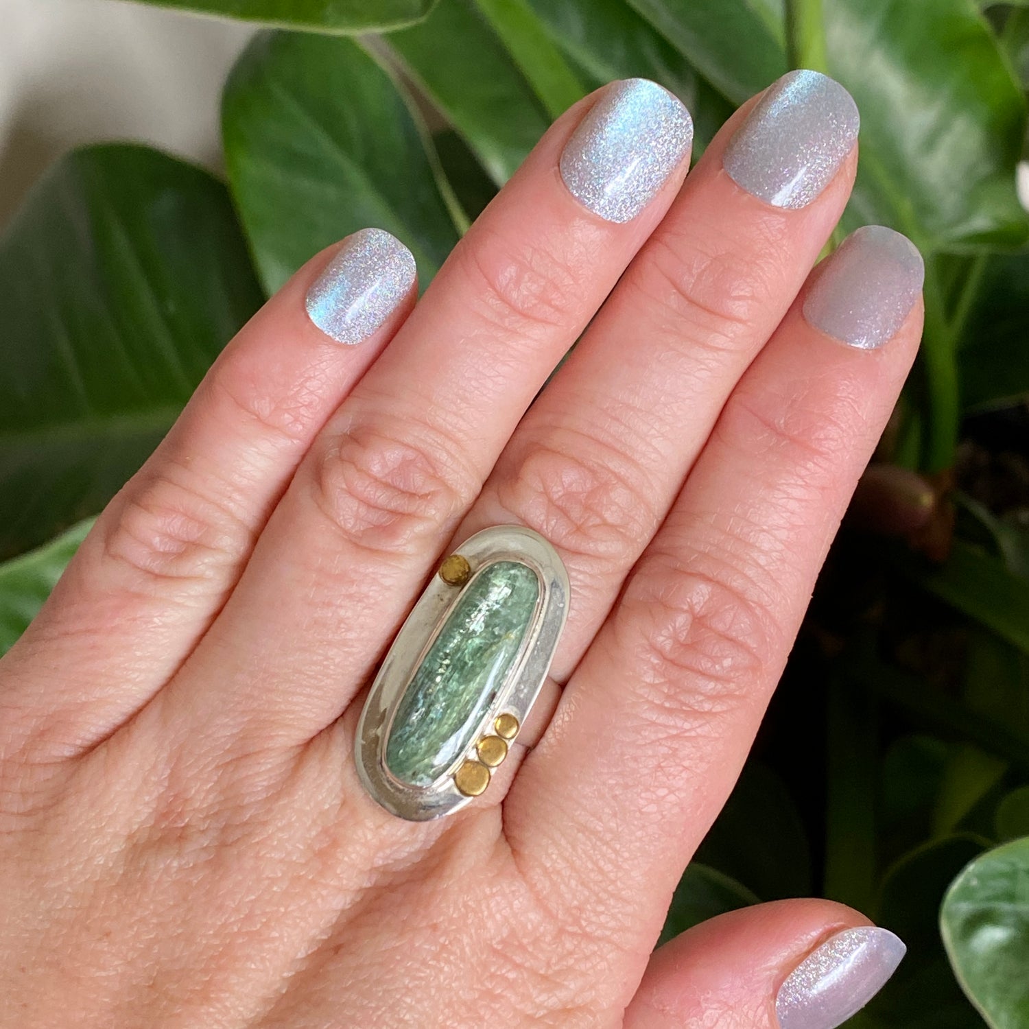 Green Kyanite Oval Cabochon Ring with Brass Detailing Size 8 KRGJ3291