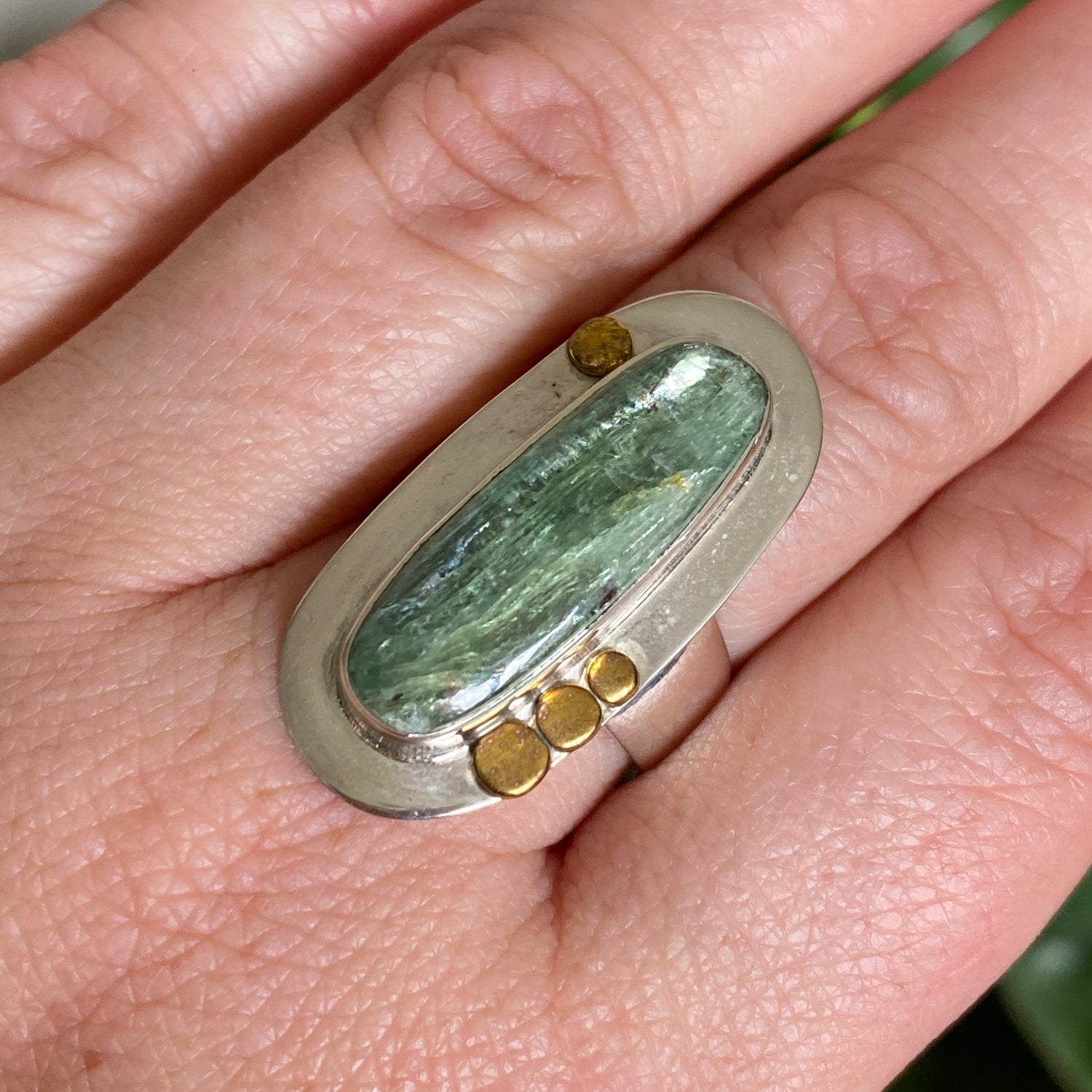 Green Kyanite Oval Cabochon Ring with Brass Detailing Size 8 KRGJ3291