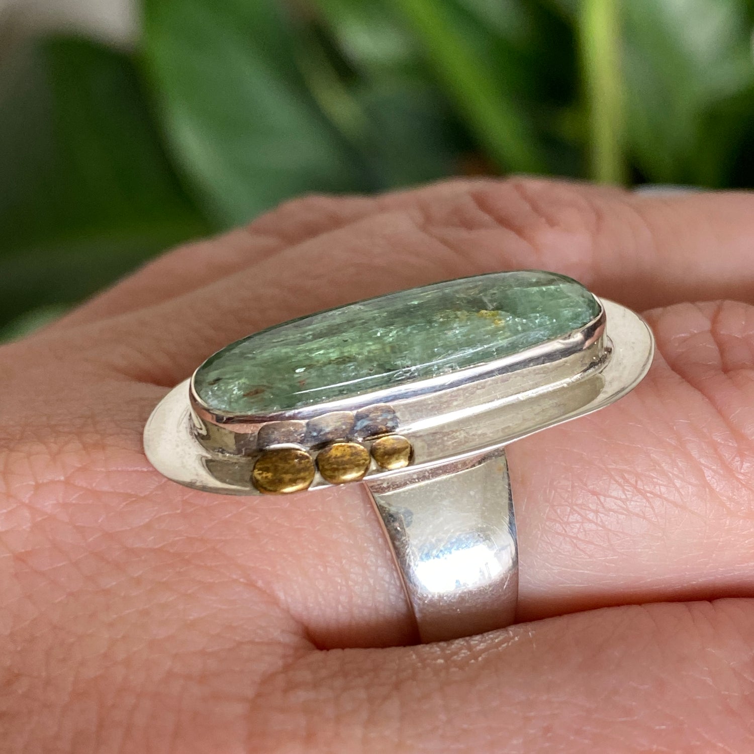 Green Kyanite Oval Cabochon Ring with Brass Detailing Size 8 KRGJ3291