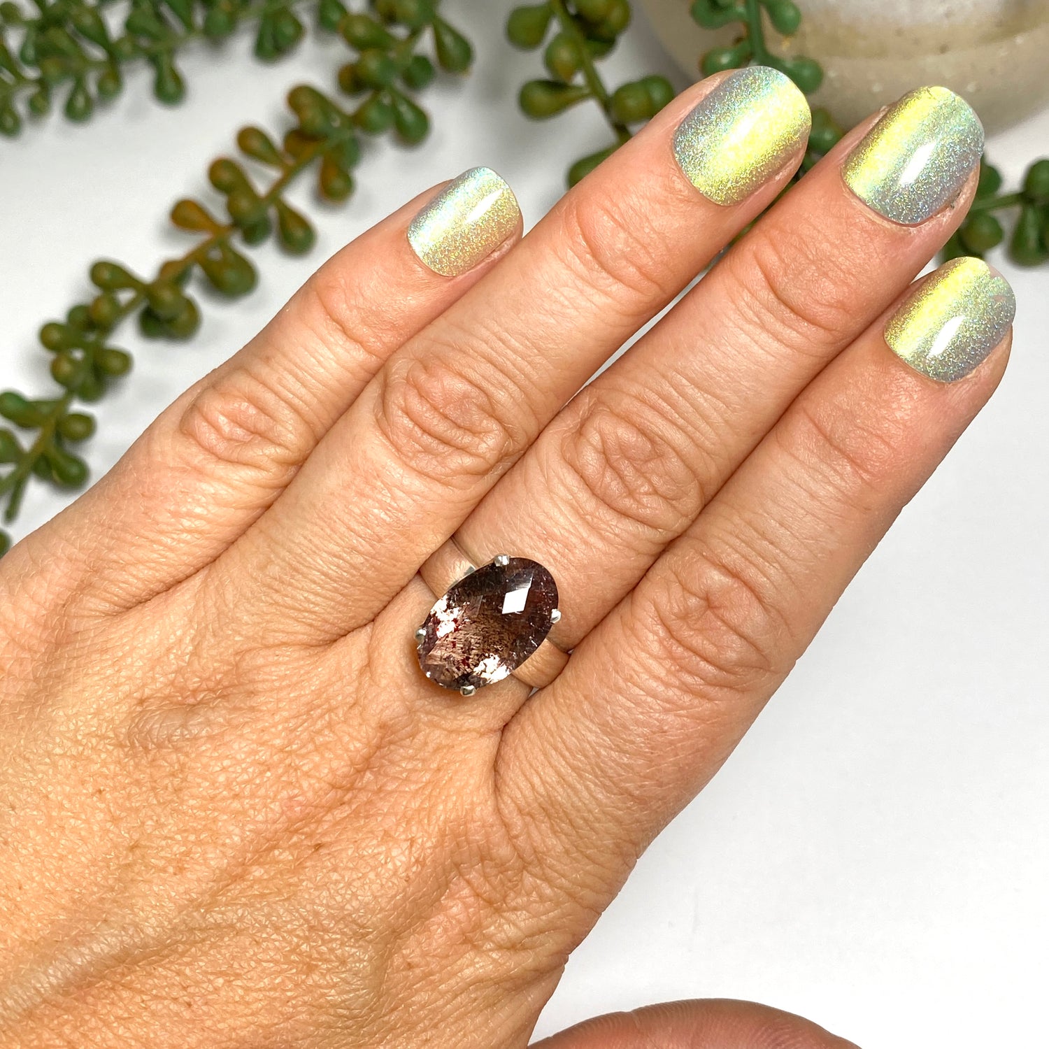 Lepidicrocite in Quartz (Inclusion Quartz) Oval Checkerboard Faceted Ring Size 7.5 PRGJ677