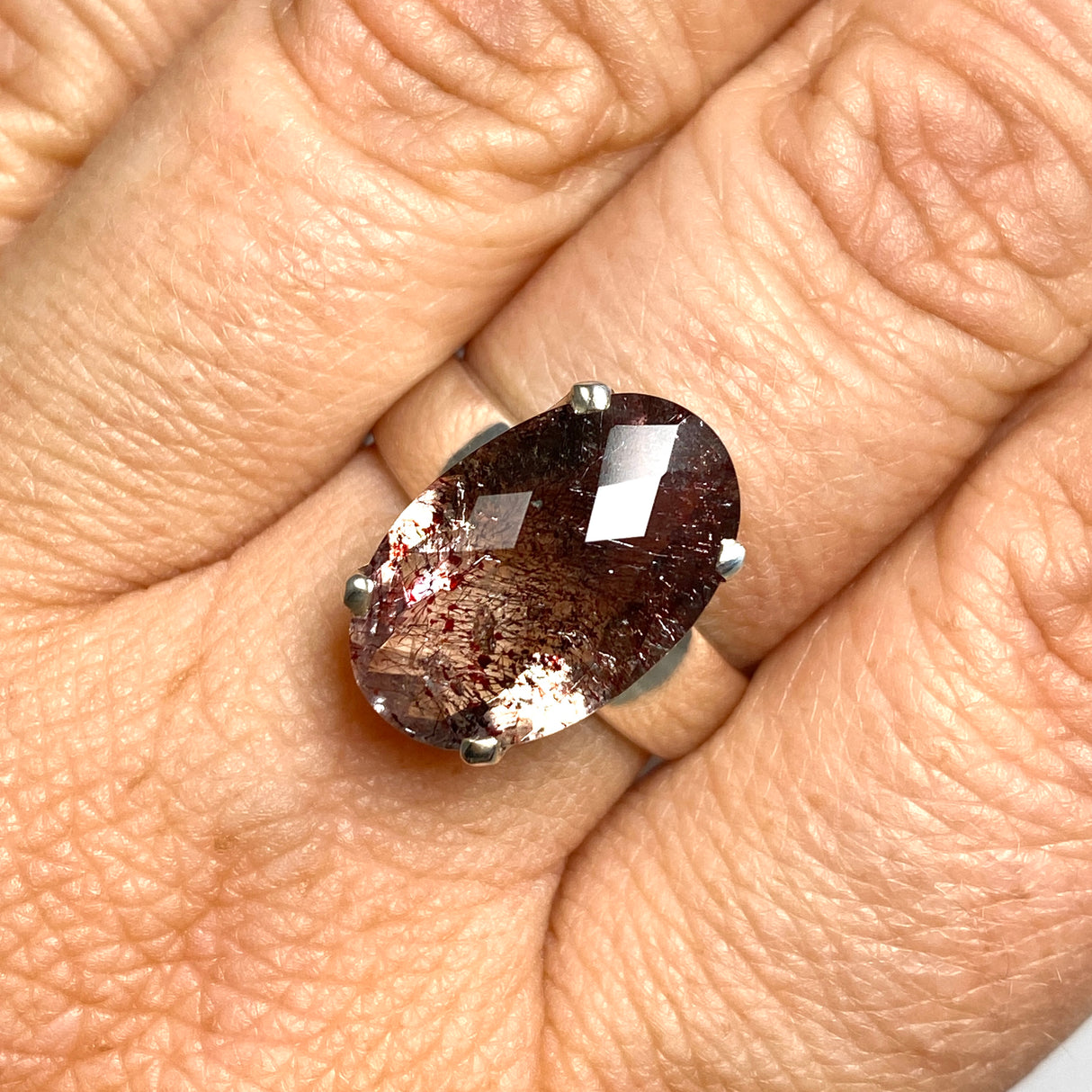 Lepidicrocite in Quartz (Inclusion Quartz) Oval Checkerboard Faceted Ring Size 7.5 PRGJ677