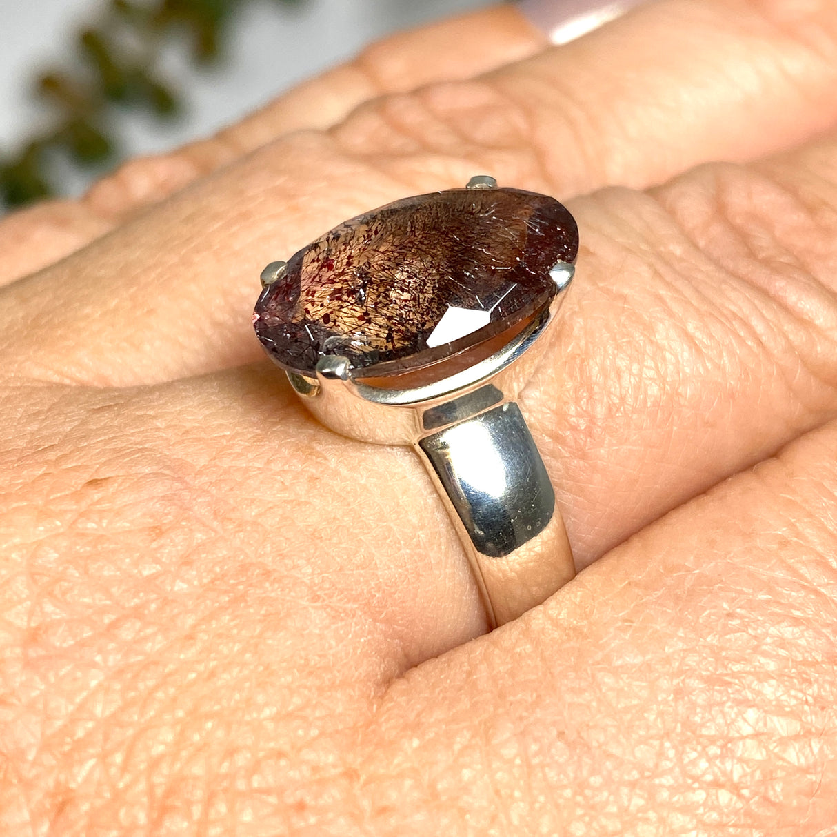 Lepidicrocite in Quartz (Inclusion Quartz) Oval Checkerboard Faceted Ring Size 7.5 PRGJ677