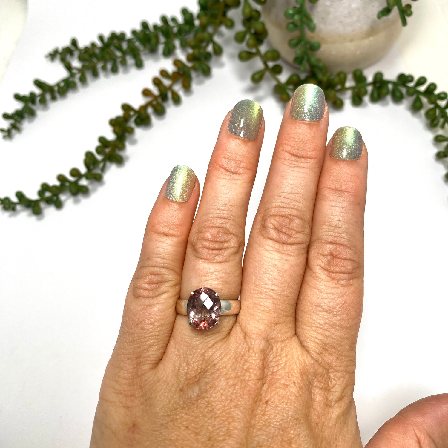 Lepidicrocite in Quartz (Inclusion Quartz) Oval Checkerboard Faceted Ring Size 7 PRGJ680