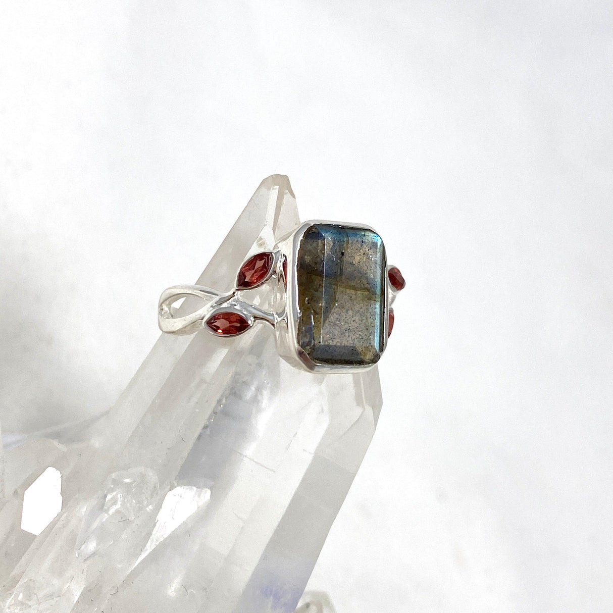 Labradorite Faceted Rectangular Multistone Ring with Botanical Details R3806 - Nature's Magick