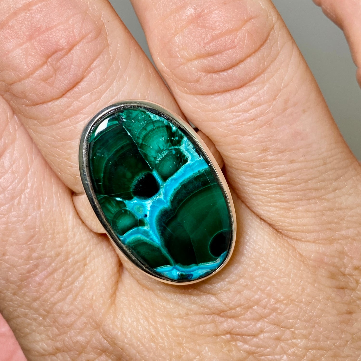 Malacholla (Malachite and Chrysocolla) Oval Cabochon Ring Size 10.5 PRGJ874