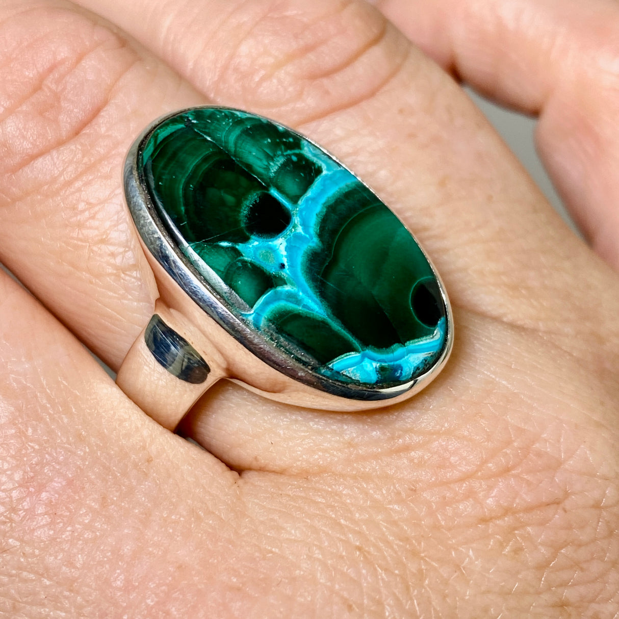 Malacholla (Malachite and Chrysocolla) Oval Cabochon Ring Size 10.5 PRGJ874