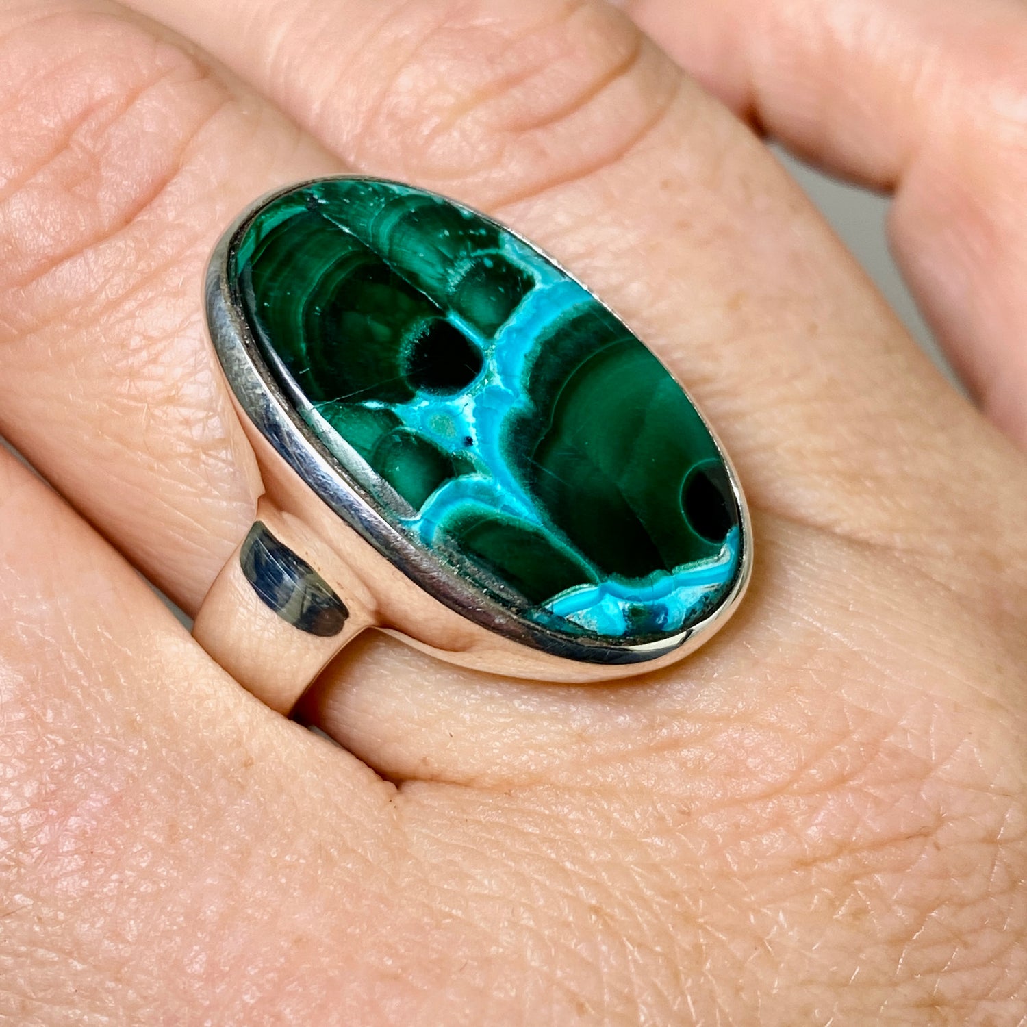 Malacholla (Malachite and Chrysocolla) Oval Cabochon Ring Size 10.5 PRGJ874