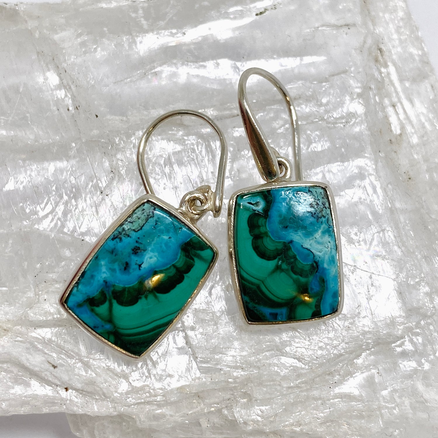 Malacholla (Malachite and Chrysocolla) Rectangular Cabochon Earrings PEGJ355