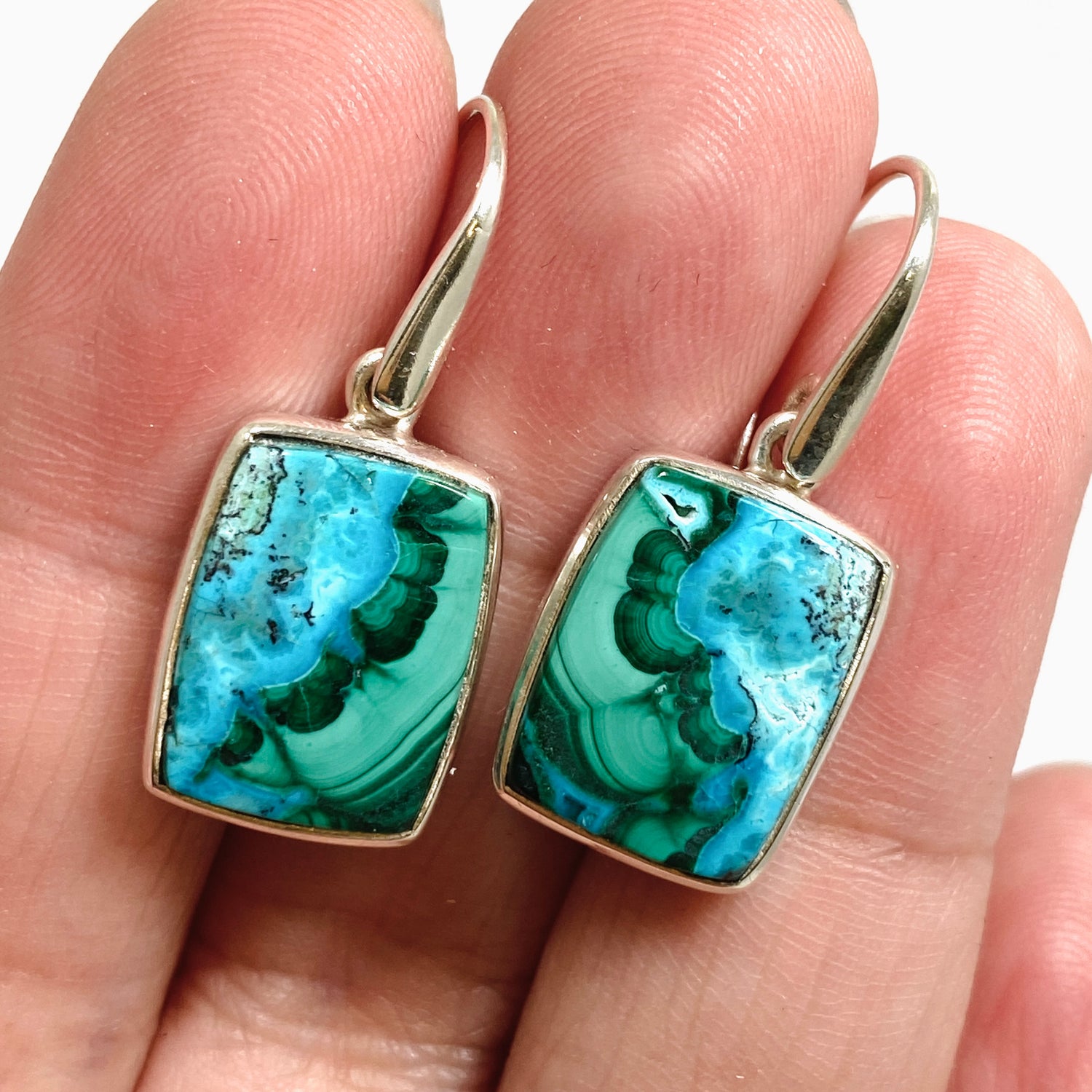 Malacholla (Malachite and Chrysocolla) Rectangular Cabochon Earrings PEGJ355