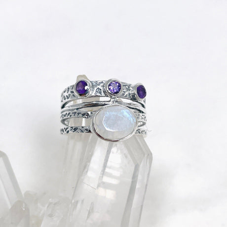 Moonstone and Amethyst Multi-stone Faceted Gemstone Ring R3783 - Nature's Magick