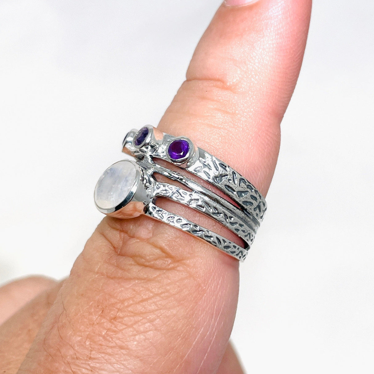 Moonstone and Amethyst Multi-stone Faceted Gemstone Ring R3783 - Nature's Magick