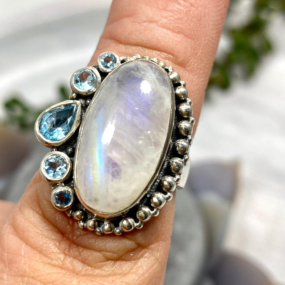 Moonstone and Blue Topaz multi stone ring s.7 KRGJ959 - Nature's Magick