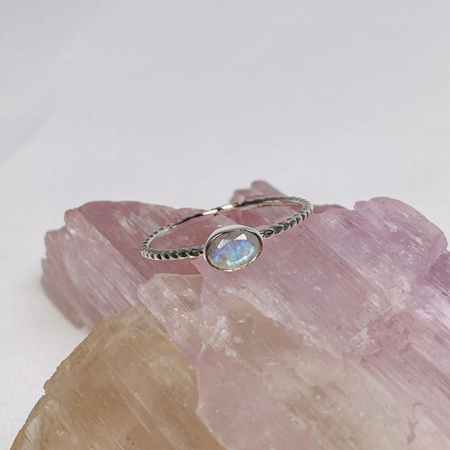 Rainbow Moonstone Oval Faceted Gemstone with fine Sterling Silver Ring