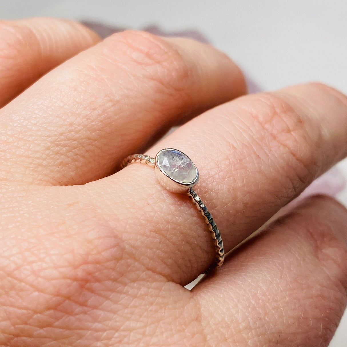 Rainbow Moonstone Oval Faceted Gemstone with fine Sterling Silver Ring