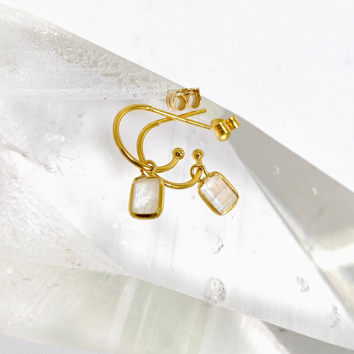 Moonstone Rectangular Faceted Gold Plated Half Hoop Earrings SE2720-YG