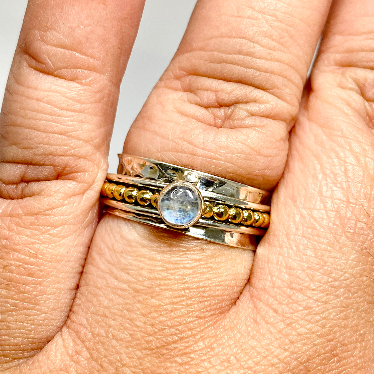 Moonstone Round Cabochon Sterling Silver, Brass and Copper Spinner Ring RG1054MS