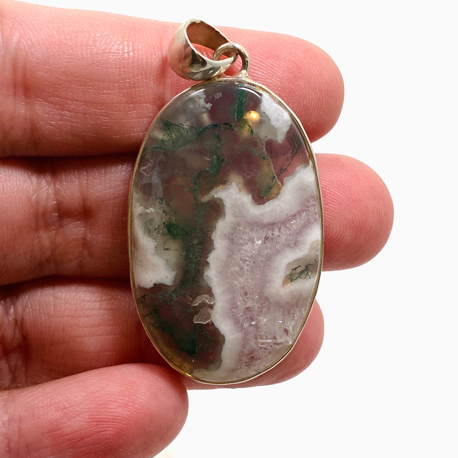 Moss Agate Oval Cabochon Pendant in a Hammered Setting KPGJ4708