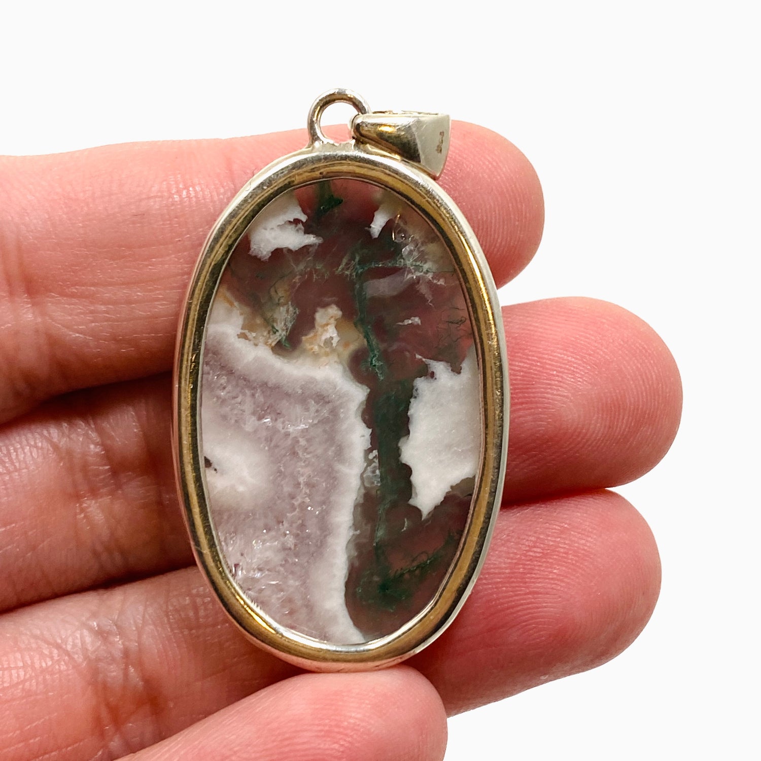 Moss Agate Oval Cabochon Pendant in a Hammered Setting KPGJ4708