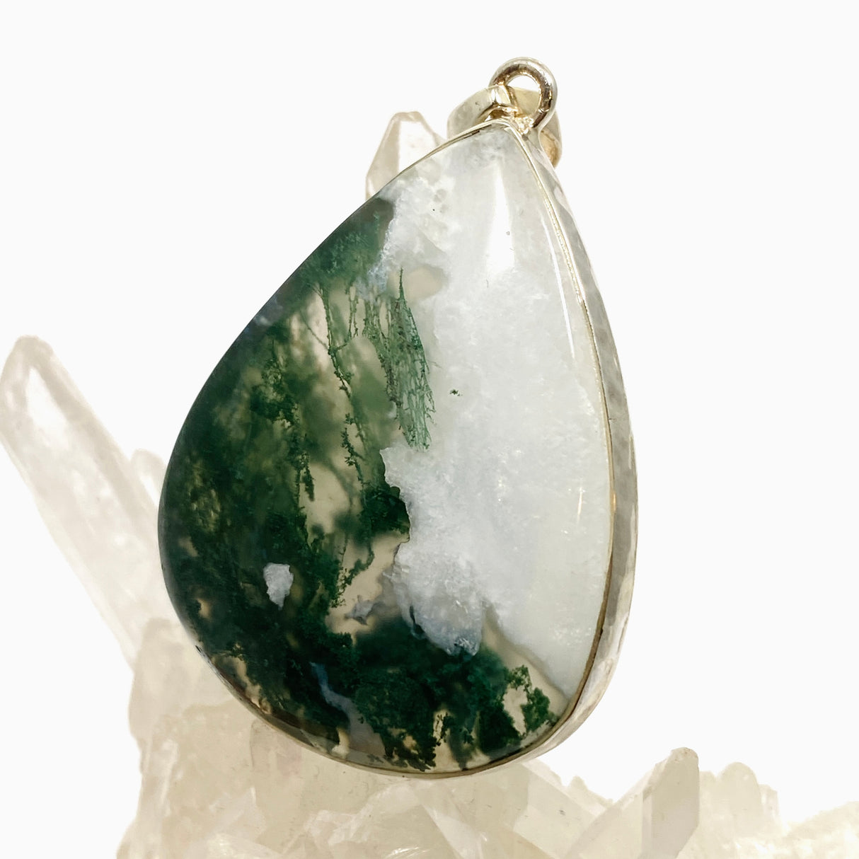 Moss Agate Teardrop Cabochon Pendant in a Hammered Setting KPGJ4709