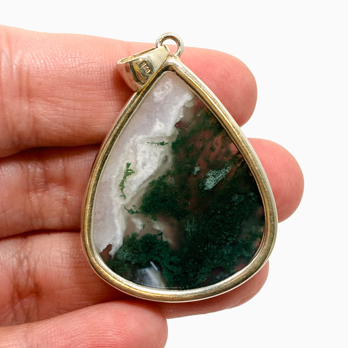 Moss Agate Teardrop Cabochon Pendant in a Hammered Setting KPGJ4709