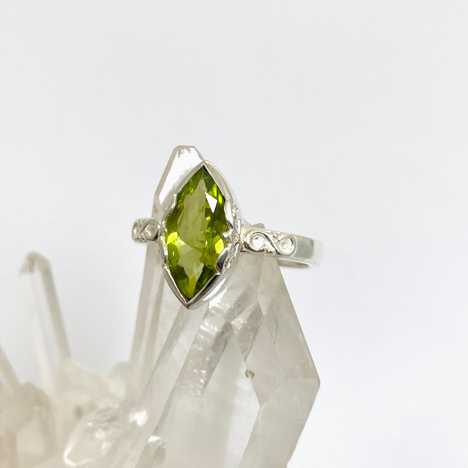 Peridot Faceted Marquise Ring in a Decorative Setting R3726