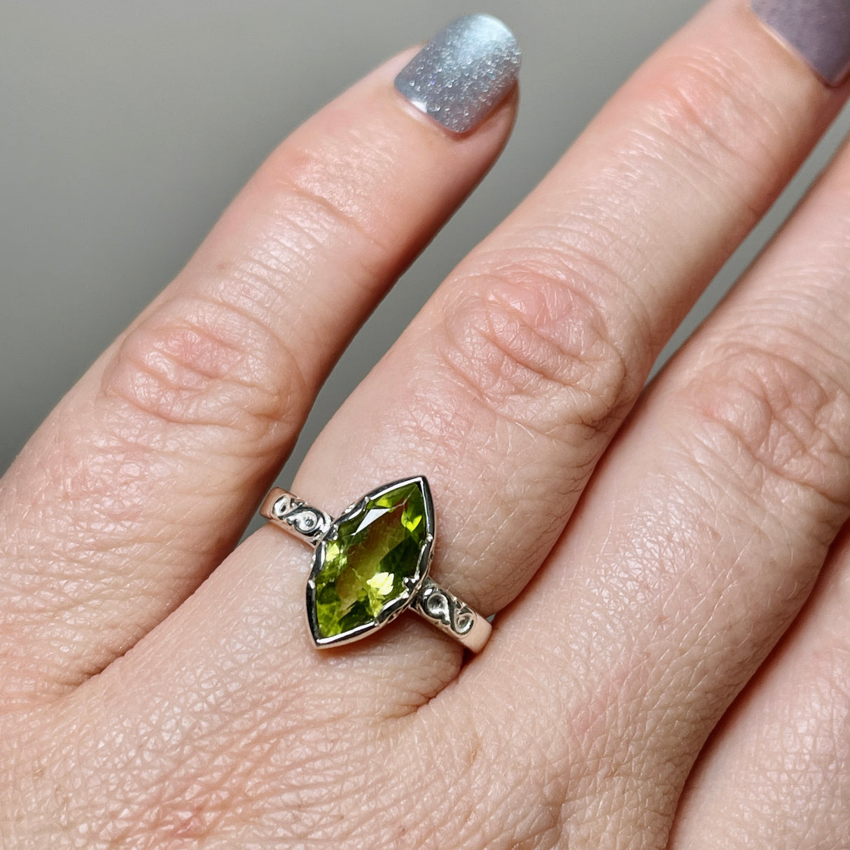 Peridot Faceted Marquise Ring in a Decorative Setting R3726