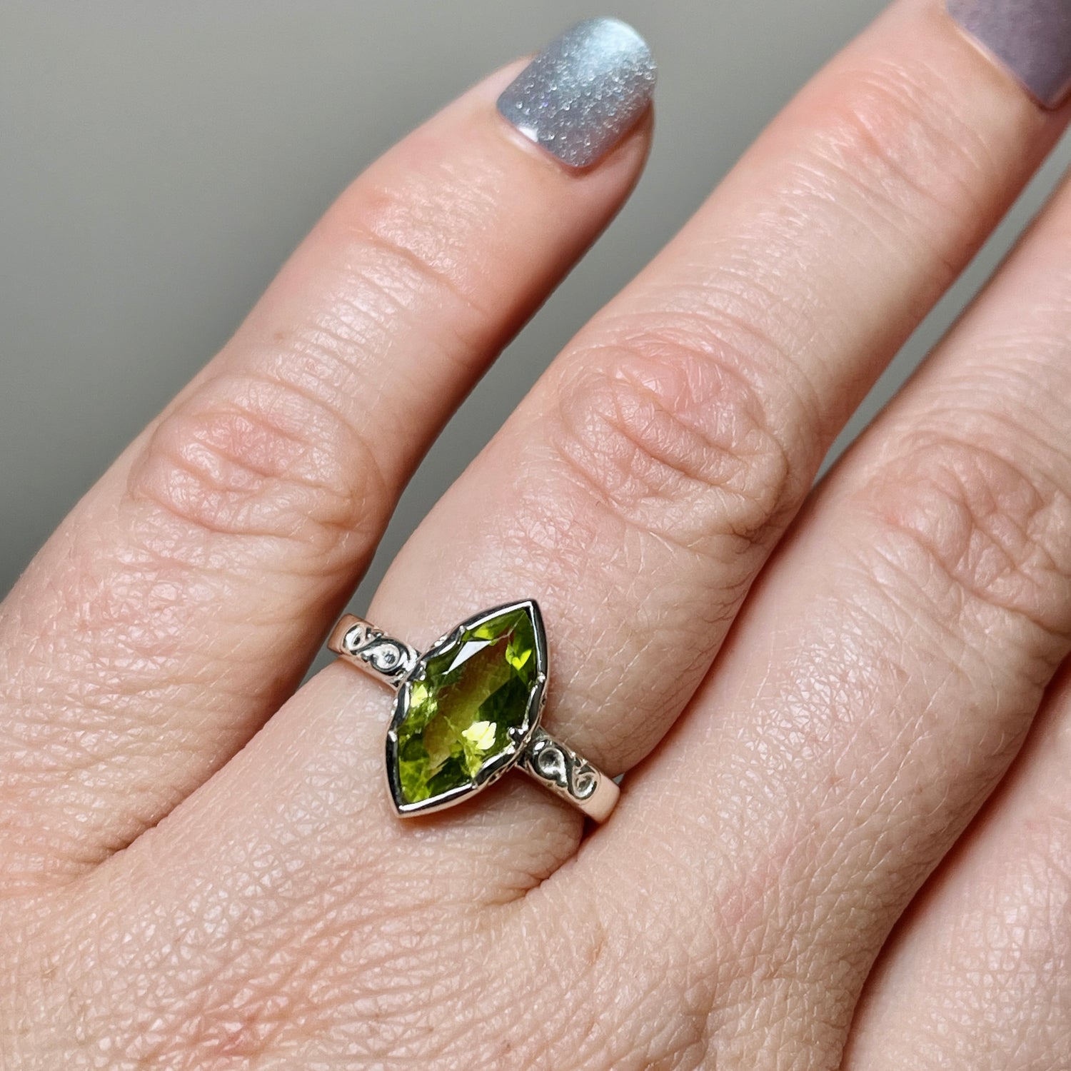 Peridot Faceted Marquise Ring in a Decorative Setting R3726