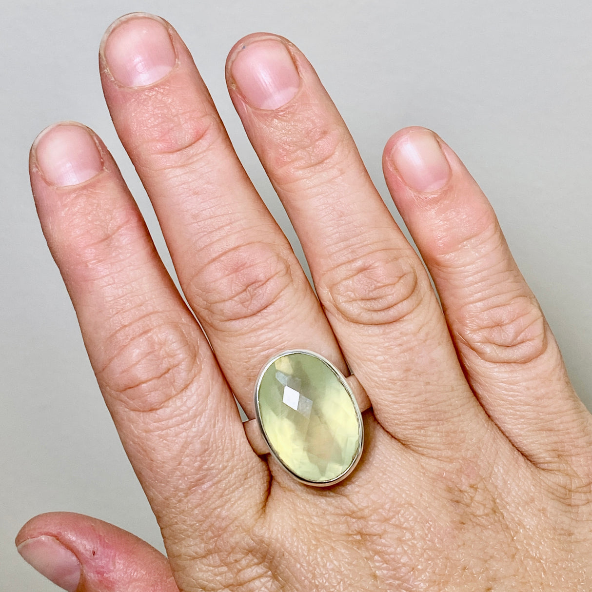 Prehnite Oval Checkerboard Faceted Ring Size 12 PRGJ863