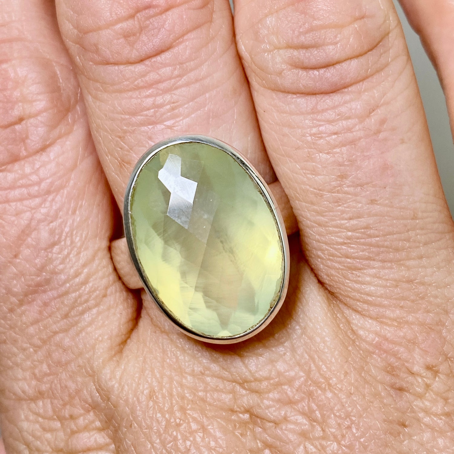 Prehnite Oval Checkerboard Faceted Ring Size 12 PRGJ863
