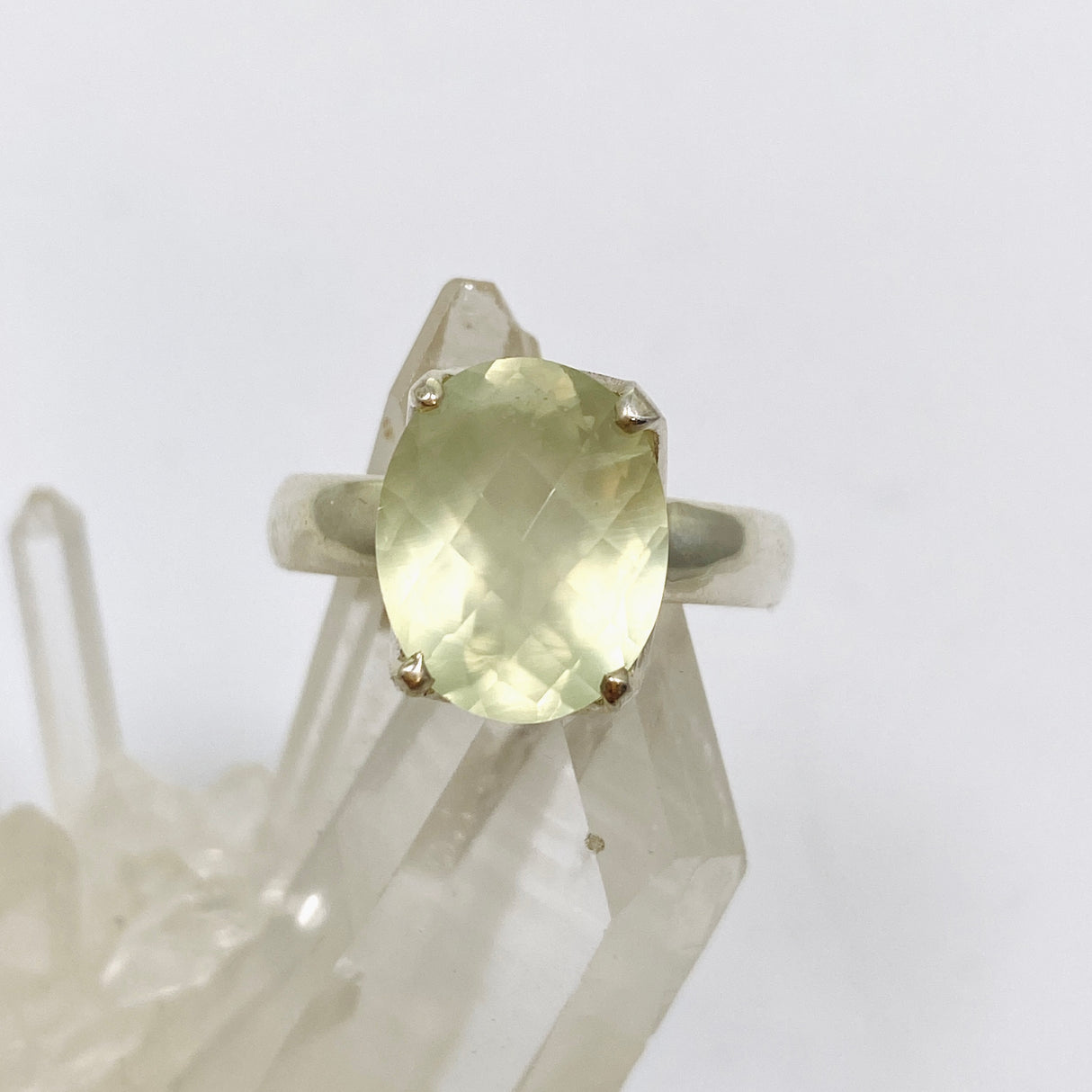 Prehnite Oval Checkerboard Faceted Ring Size 8.5 PRGJ859